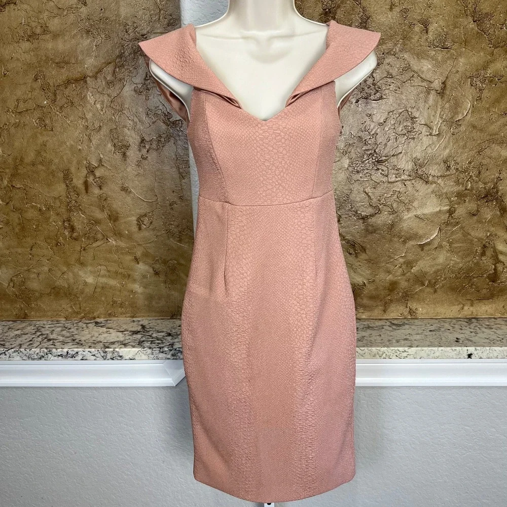Bardot Sheath Dress Size 4 XS Pink Off Shoulder Textured V-Neck Zip Back‎